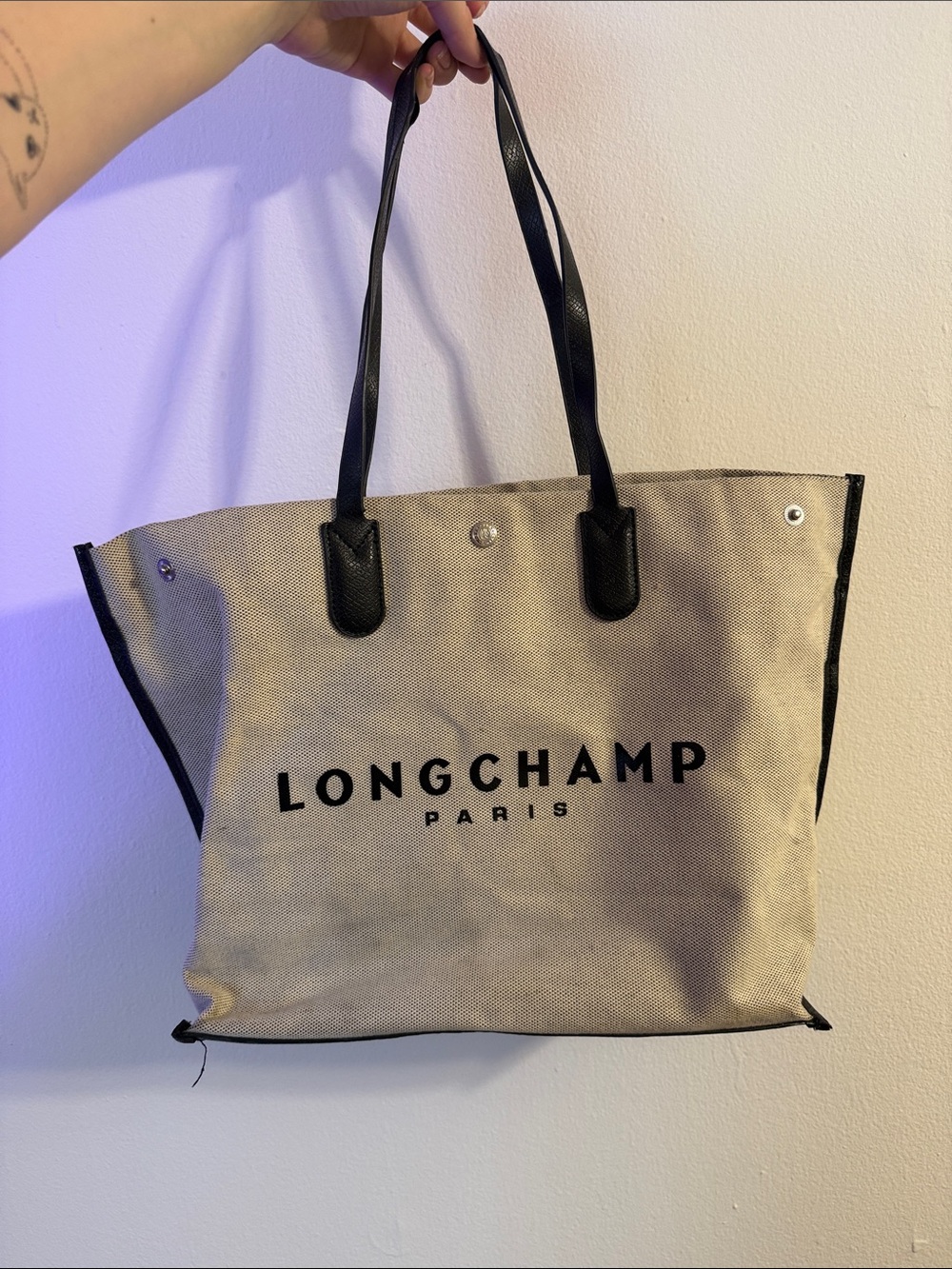 Longchamp Beige Canvas Tote with Black Trim and Handles